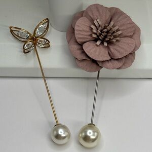 Pink Flower & Crystal Butterfly Lapel Hat Pin Set with Pearl Ends